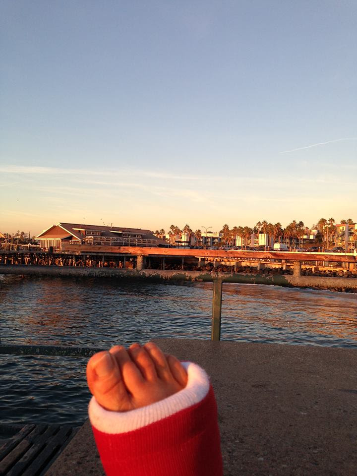 Photo of cast with ocean in background and toes peeking out.